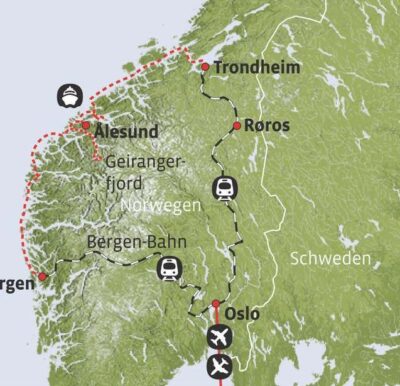 Karte Bahnreise Oslo - Trondheim | Bergen - Oslo